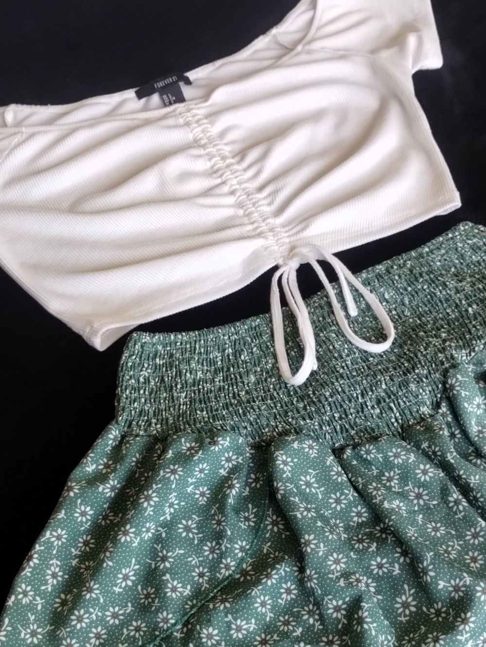 Forever 21 White Ruched Crop Top & Green  Floral Flowy Shorts Set